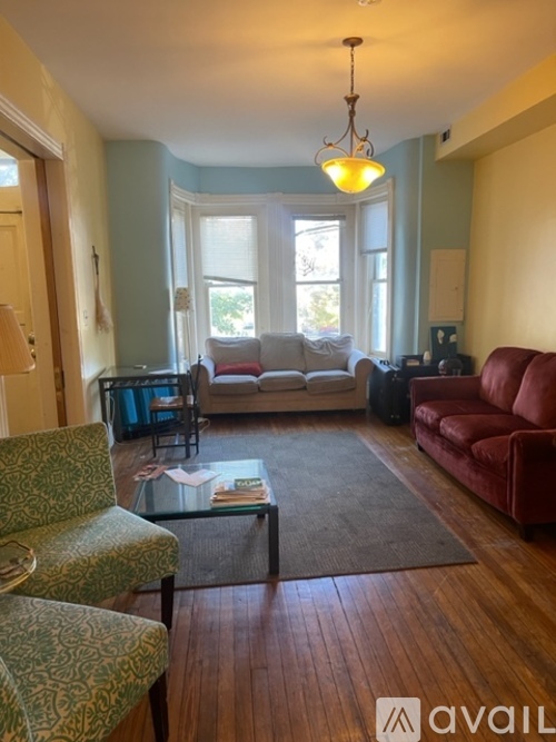 A living room with a green patterned chair and a red couch.