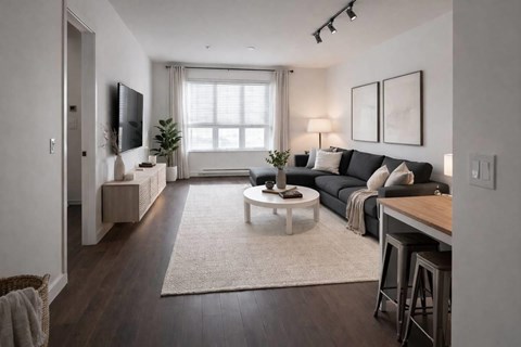 A modern living room with a black couch and a white coffee table.