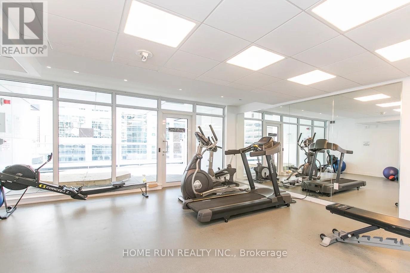 A gym with treadmills, elliptical machines, and other exercise equipment.