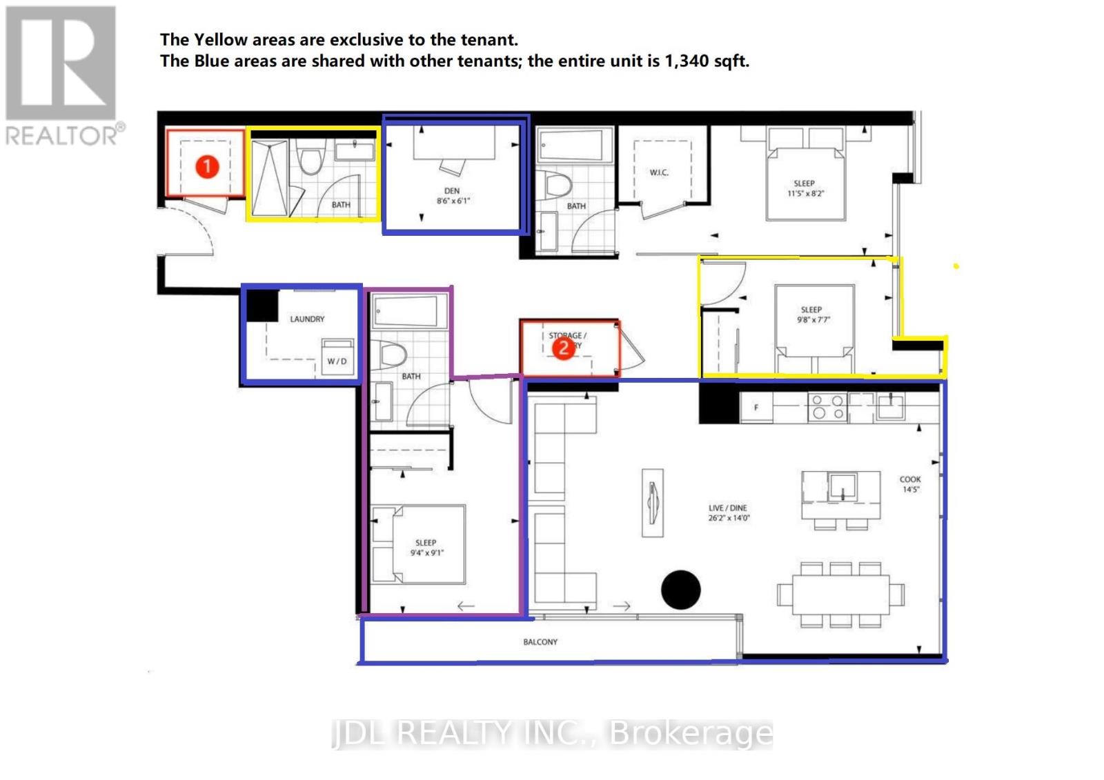 A floor plan of a property with areas marked in yellow and blue, indicating exclusive and shared spaces respectively.