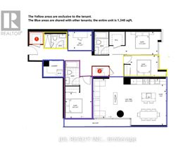 A floor plan of a property with areas marked in yellow and blue, indicating exclusive and shared spaces respectively.