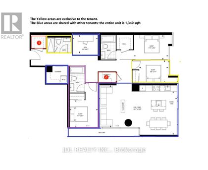 A floor plan of a property with areas marked in yellow and blue, indicating exclusive and shared spaces respectively.