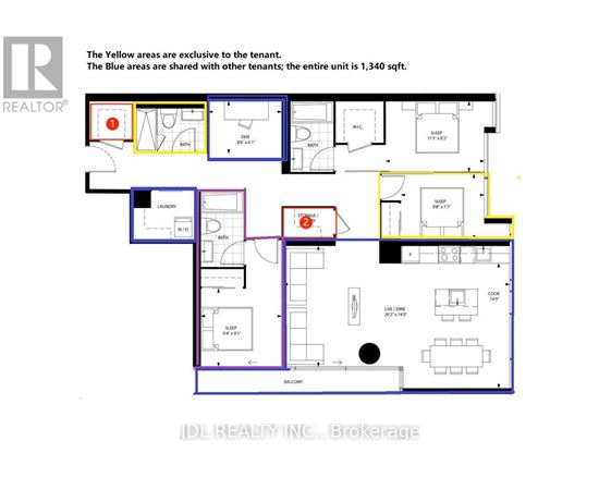 A floor plan of a property with areas marked in yellow and blue, indicating exclusive and shared spaces respectively.