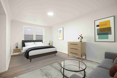 A bedroom with a bed, dresser, and a painting on the wall.