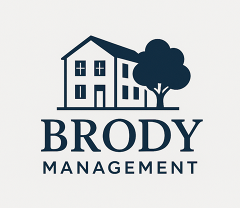 A logo for Brody Management featuring a house and a tree.