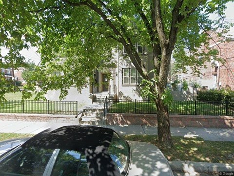 A tree in front of a brick building.