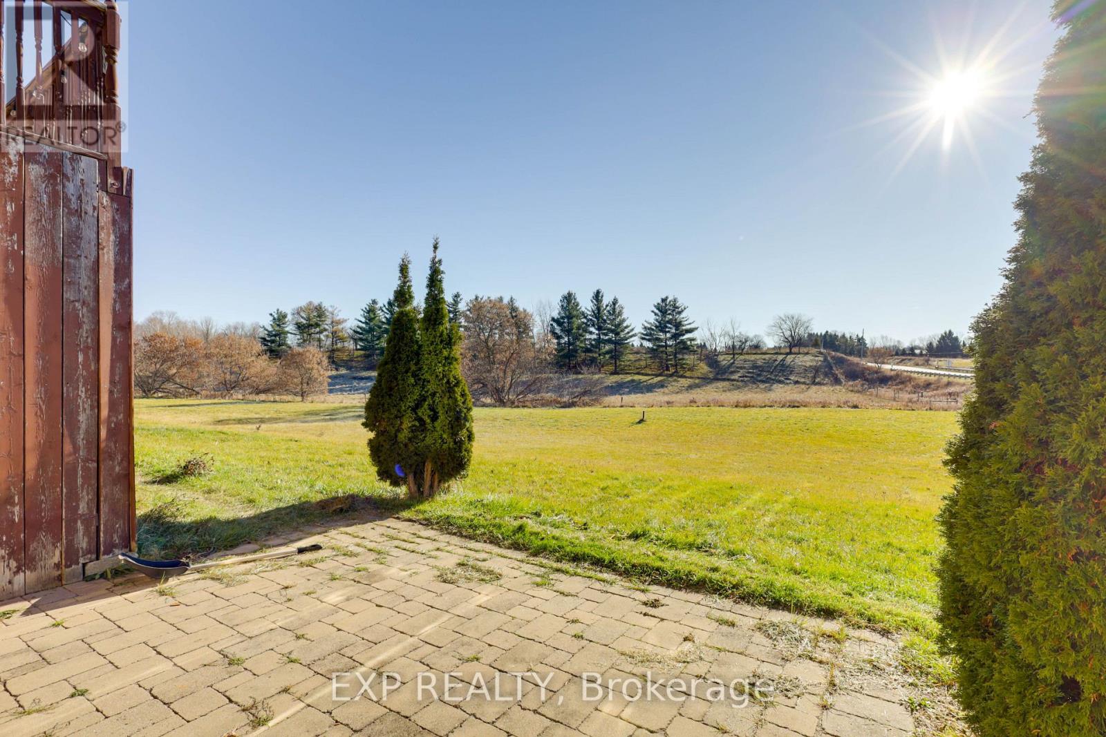 A sunny day at a realty brokerage with a view of a field and trees.