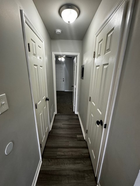 A hallway with white doors and a light on the ceiling.