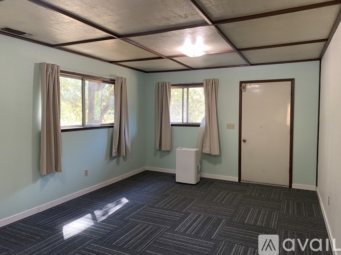 A room with a carpeted floor and a window with curtains.