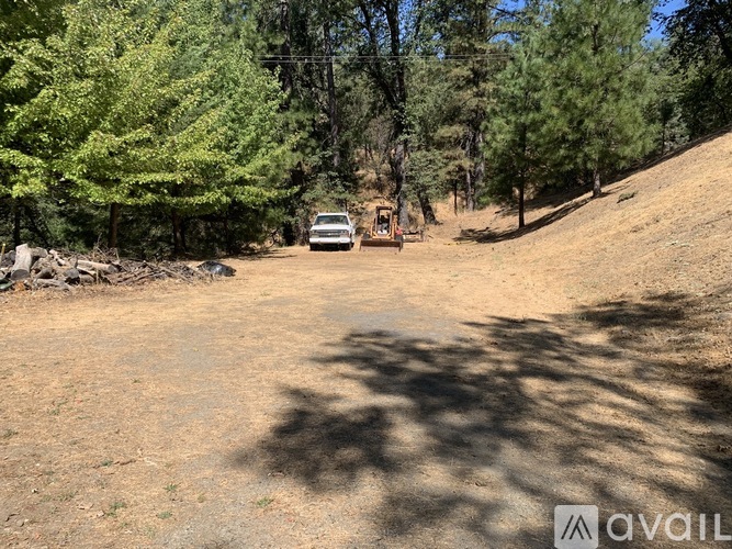 A dirt road with a car and a jeep parked on it surrounded by trees.