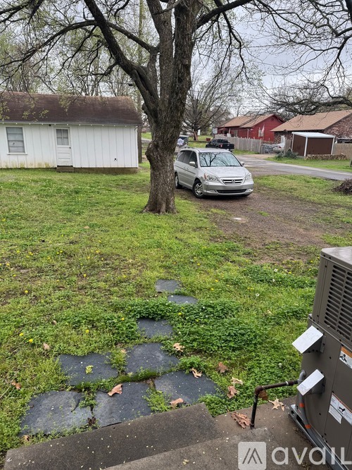 A car is parked by a tree in a yard.