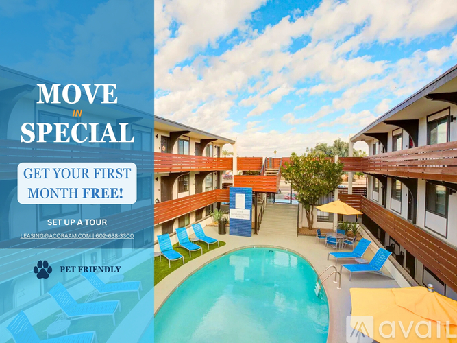 A sunny day at a pet-friendly apartment complex with a pool and lounge chairs.