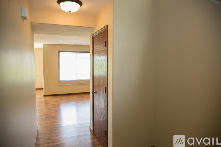 A hallway with a wooden floor and a door leading to another room.