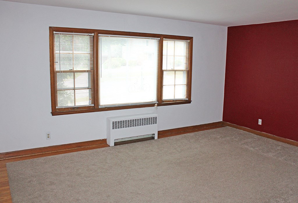 an empty living room with a large window and a carpet