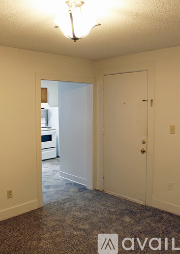 A hallway with a carpeted floor and a door on the right.