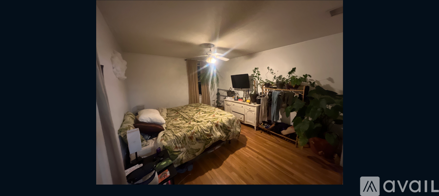 A bedroom with a bed, a desk, and a plant.