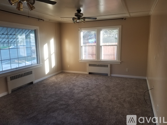 A room with a carpeted floor, a ceiling fan, and two windows with white frames.