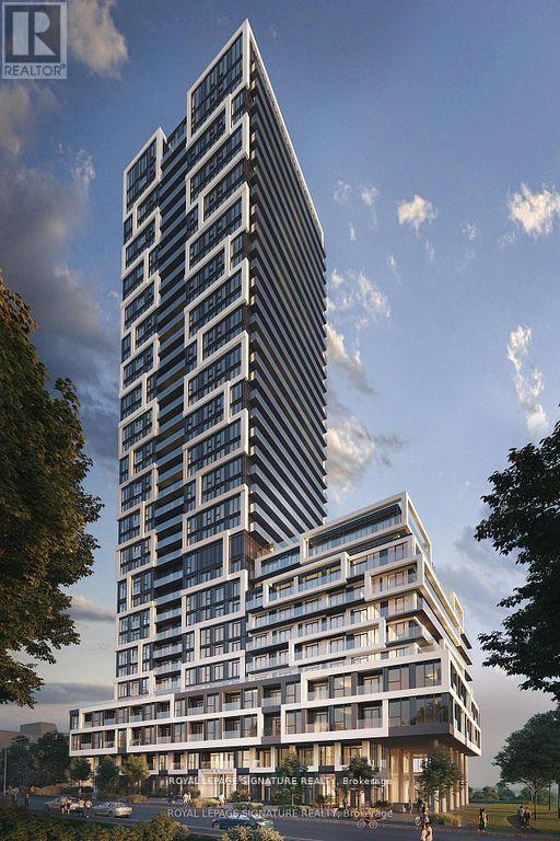 A modern high-rise building with a glass facade is the focal point of the image.