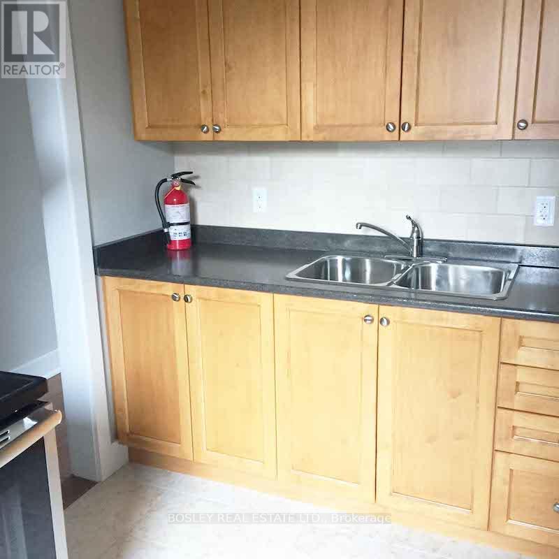 A kitchen with wooden cabinets and a red fire extinguisher on the counter.