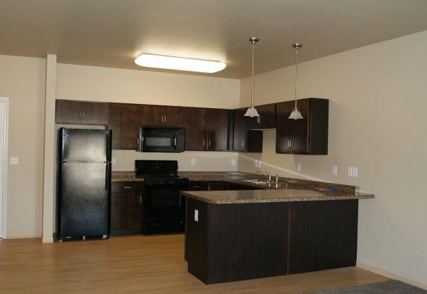an empty kitchen with a refrigerator and a sink