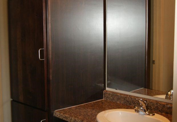 a bathroom with a sink and a mirror