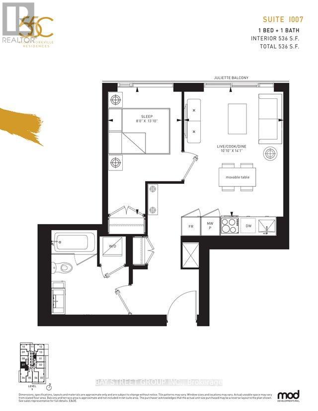 A floor plan for Suite 1007, a 1 bedroom, 1 bathroom interior, with a total size of 536 square feet.
