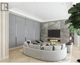 A modern living room with a stone fireplace and a curved sofa.