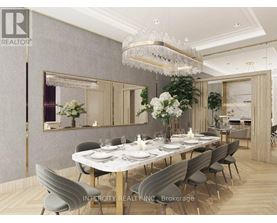 A dining room with a large table set for a meal.