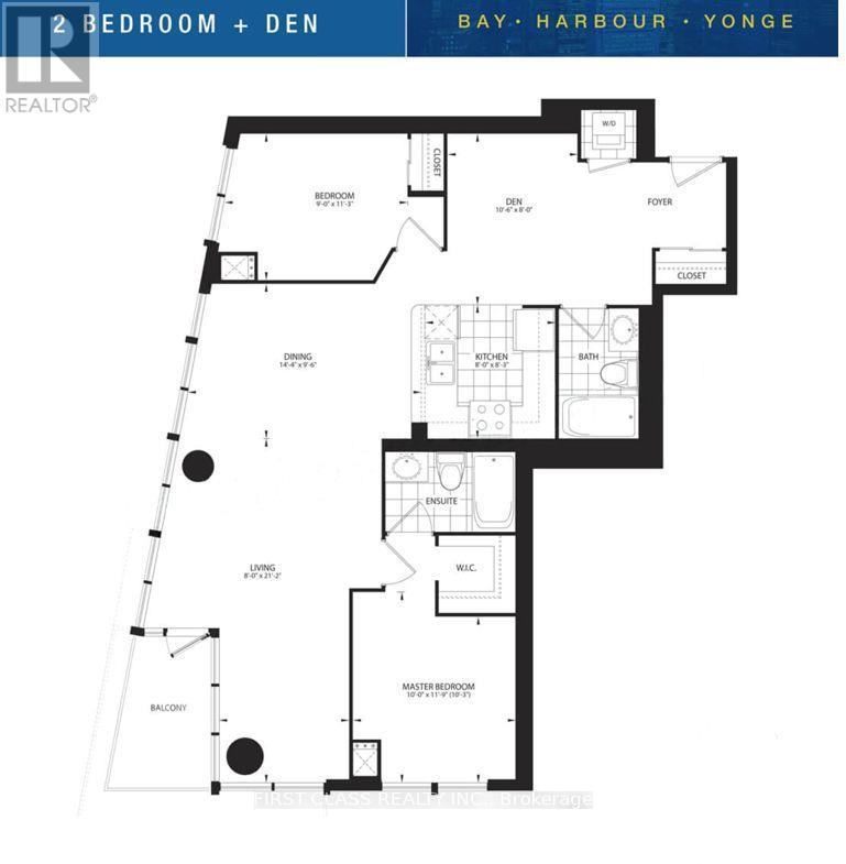 A floor plan of a 2 bedroom + den property in Bay Harbour - Yonge.