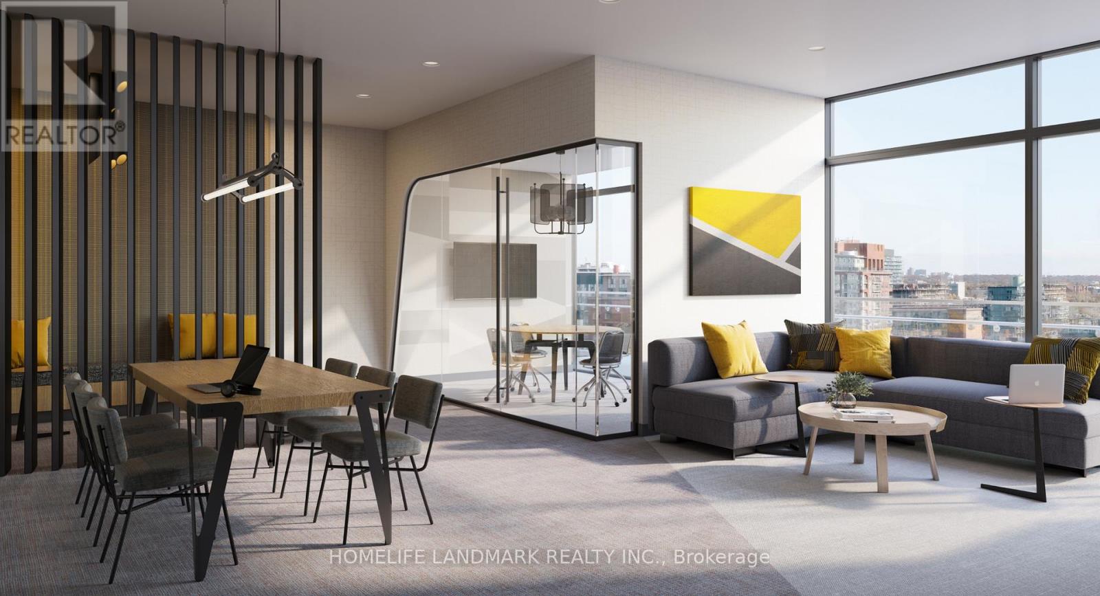 A modern living room with a dining table and a sofa.