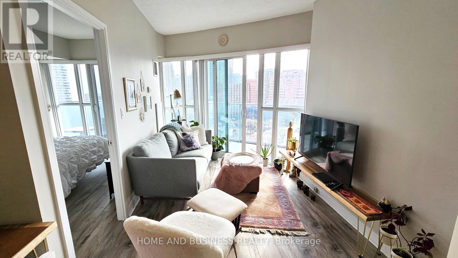 A living room with a grey couch and a television.