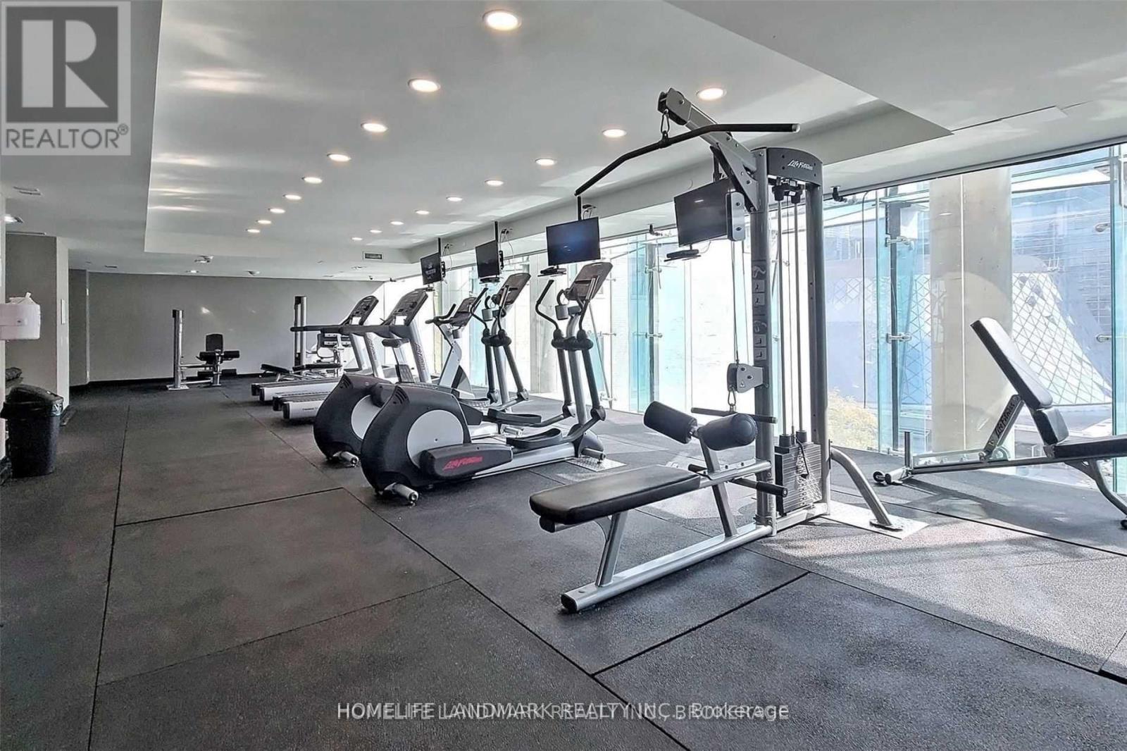 A gym with treadmills and elliptical machines.