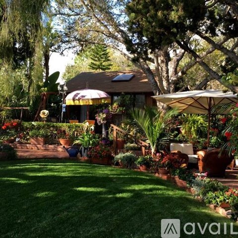 A garden with a house and a patio with chairs and umbrellas.