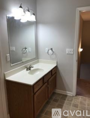 A bathroom with a sink and a mirror.