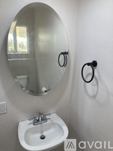 A bathroom with a sink, mirror and towel ring.