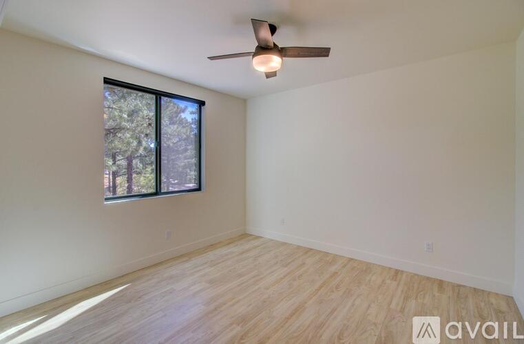 A room with a ceiling fan and a window overlooking trees.