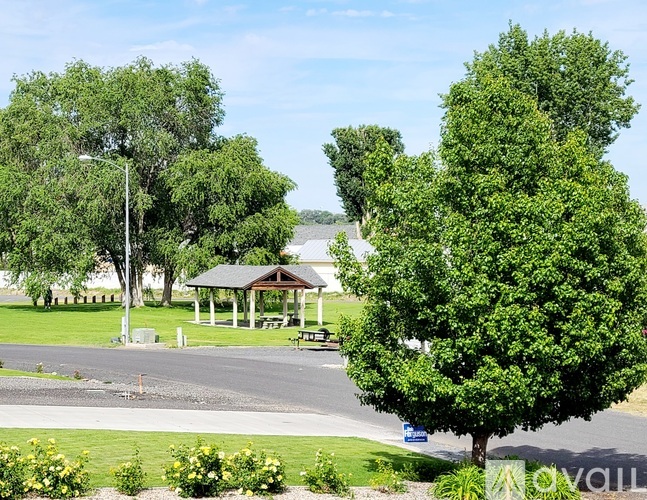 A gazebo sits in the middle of a grassy area with trees and a road.