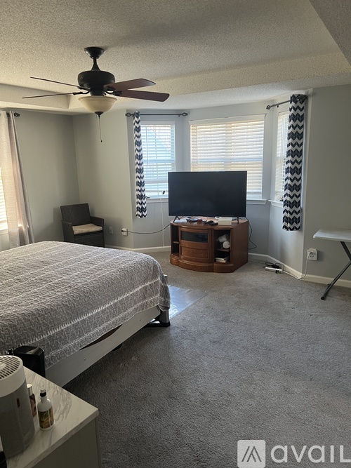 A bedroom with a bed, a television, and a ceiling fan.