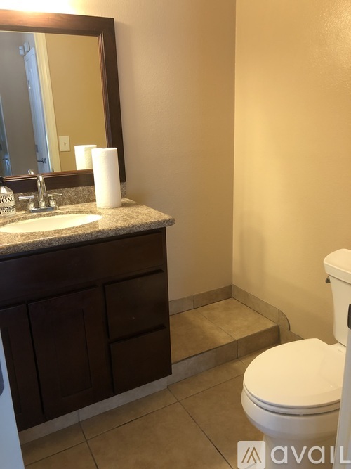 A bathroom with a toilet, sink, and mirror.