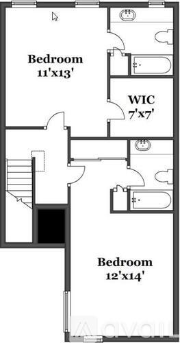 A floor plan of a room with two bedrooms, one 11x13 and the other 12x14, a WIC 7x7, and a staircase.