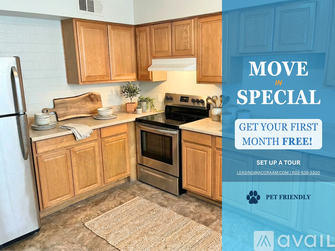 A kitchen with a promotion for a free first month for a move in special.