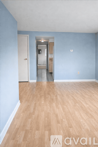 A room with wooden flooring and a white door.