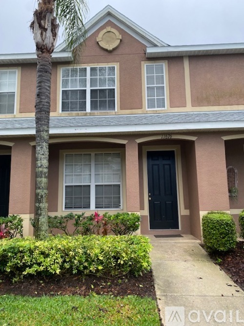 A house with a black front door and a palm tree in front.