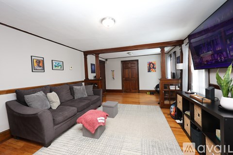 A living room with a grey couch and a rug.