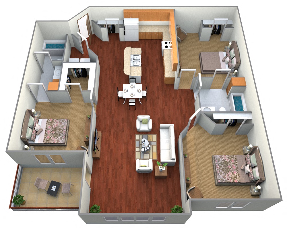 3 Bed 2 Bath Floor Plan at Blackstone Apartments, Fargo