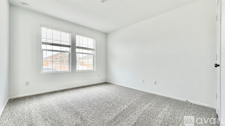 A room with a carpeted floor and a window.