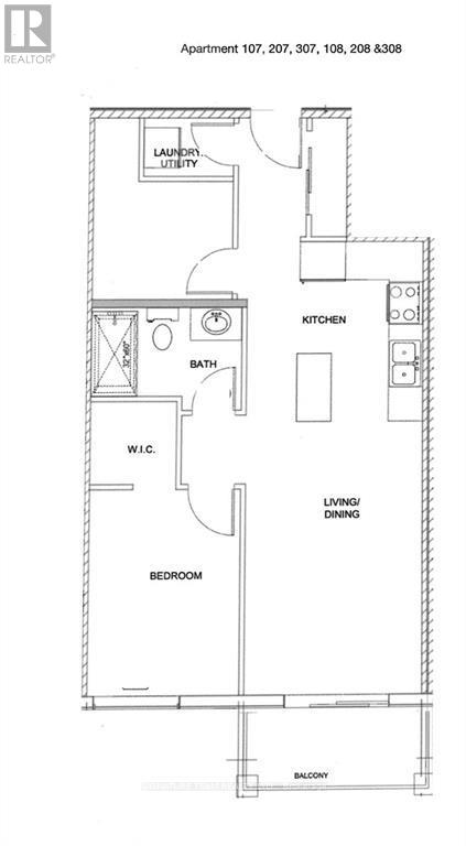 Apartment floor plan with laundry utility, kitchen, living/dining area, bedroom, and balcony.