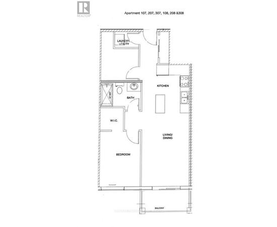 Apartment floor plan with laundry utility, kitchen, living/dining area, bedroom, and balcony.
