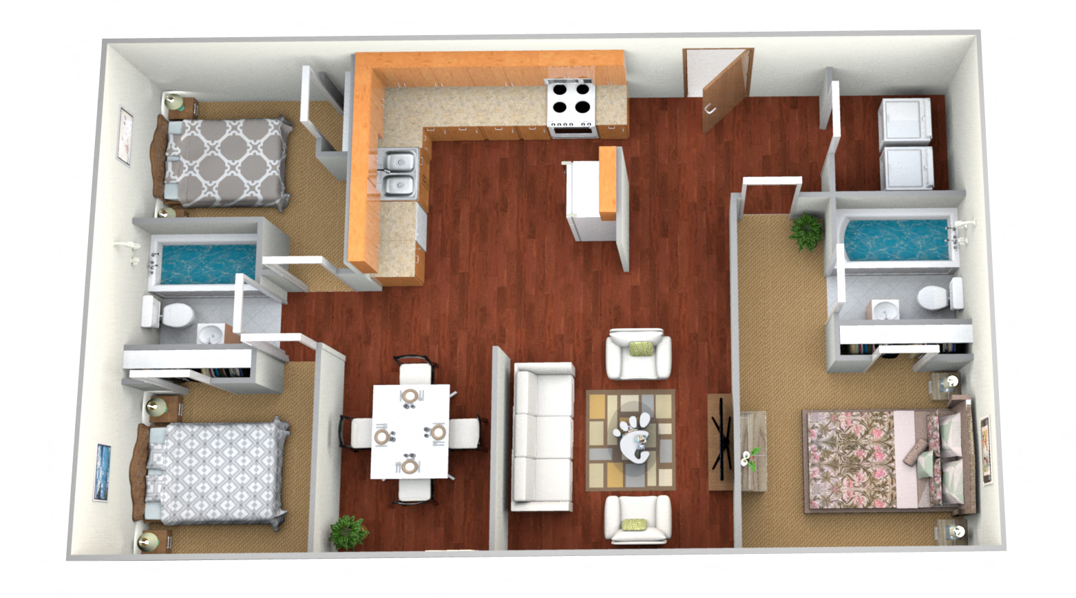 3 Bed 2 Bath Floor Plan at Sandstone Apartments, North Dakota