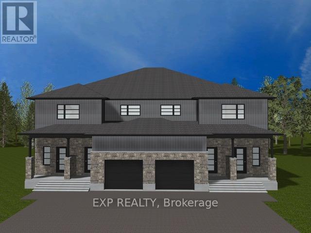 A large house with a snowy roof and garage doors.
